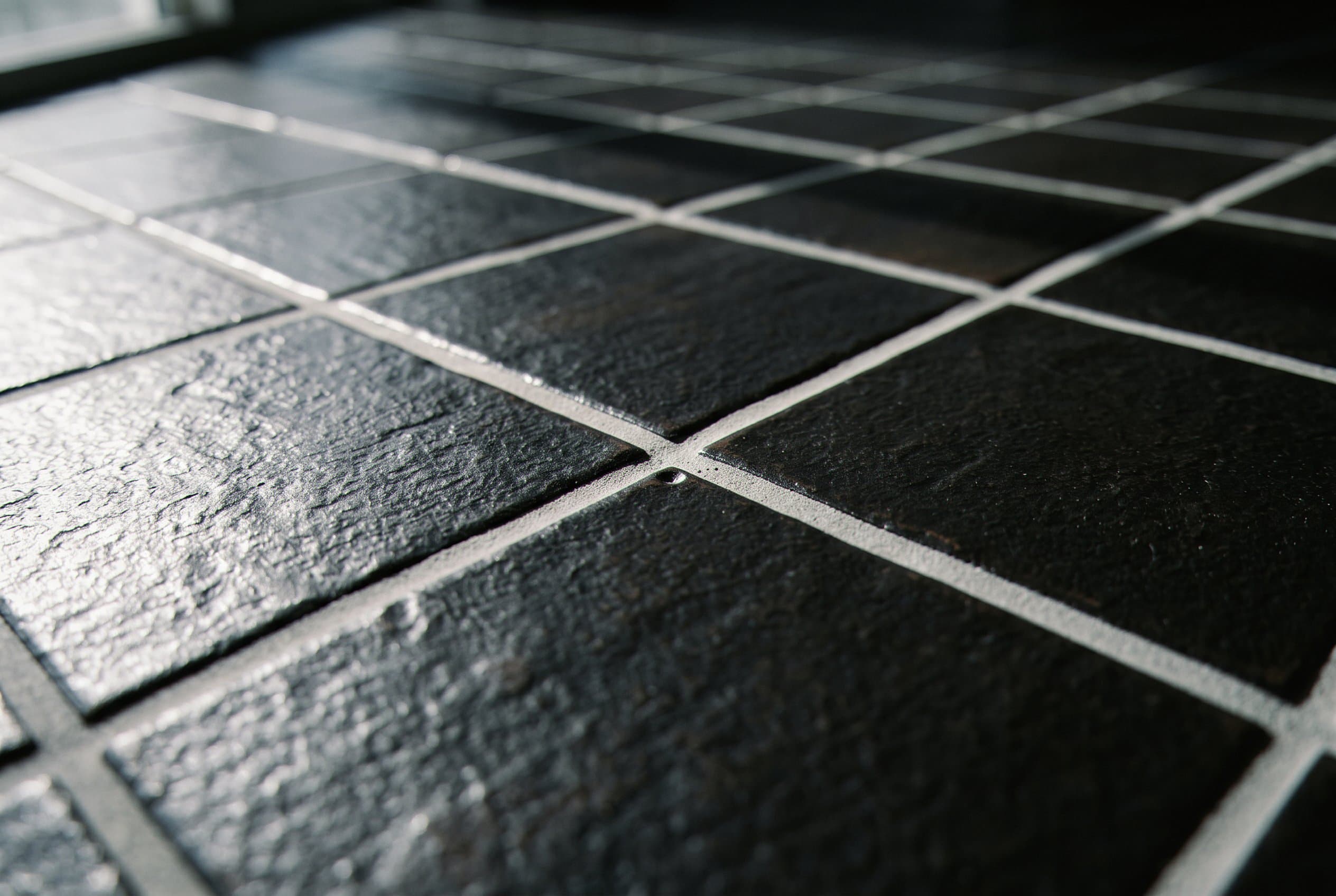 Dark tile floor with crisp new white grout