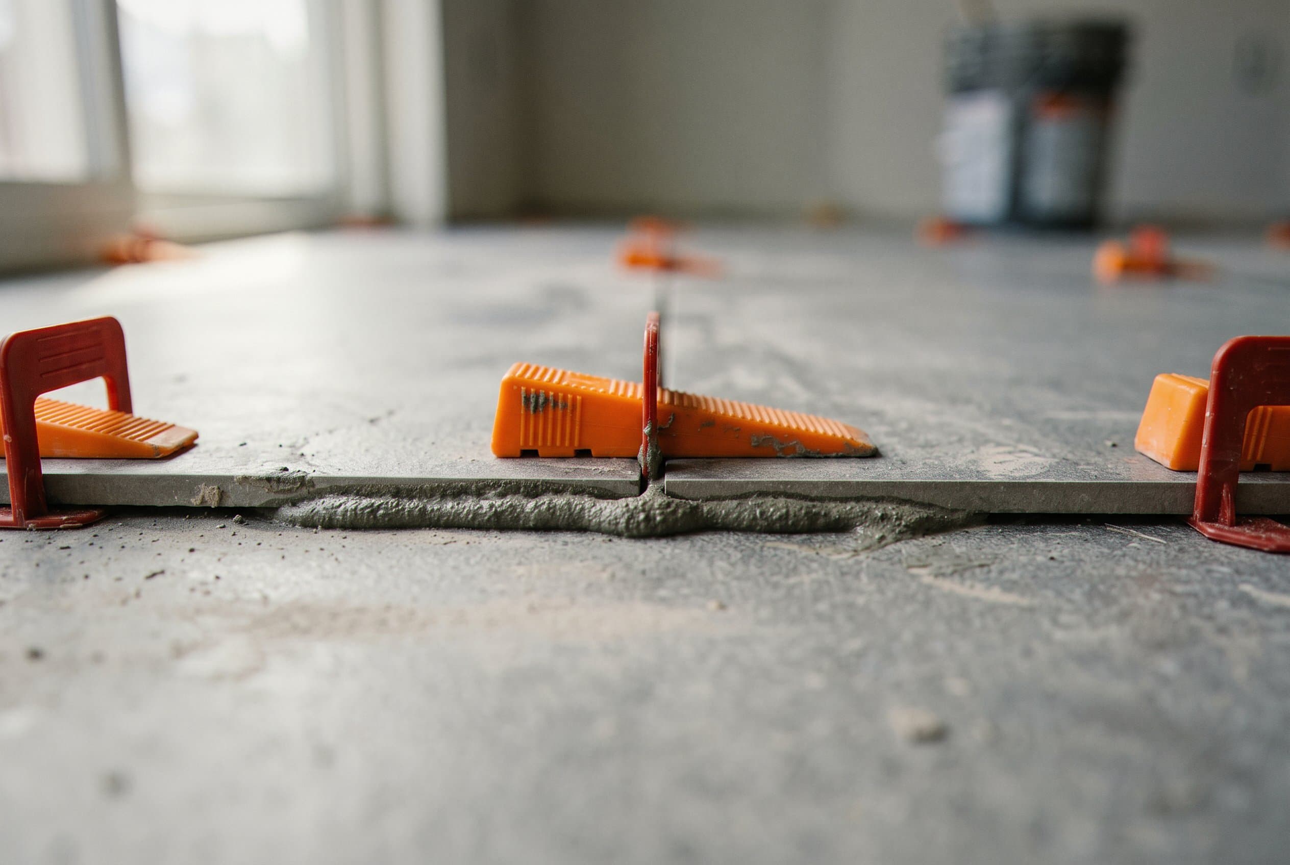 Orange leveling clips holding large floor tiles flat