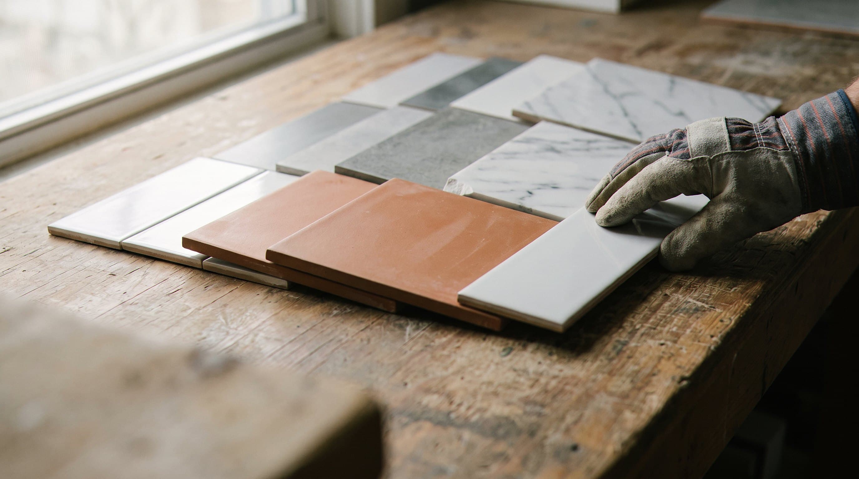 Gloved hand comparing white subway, gray stone, and terracotta tile