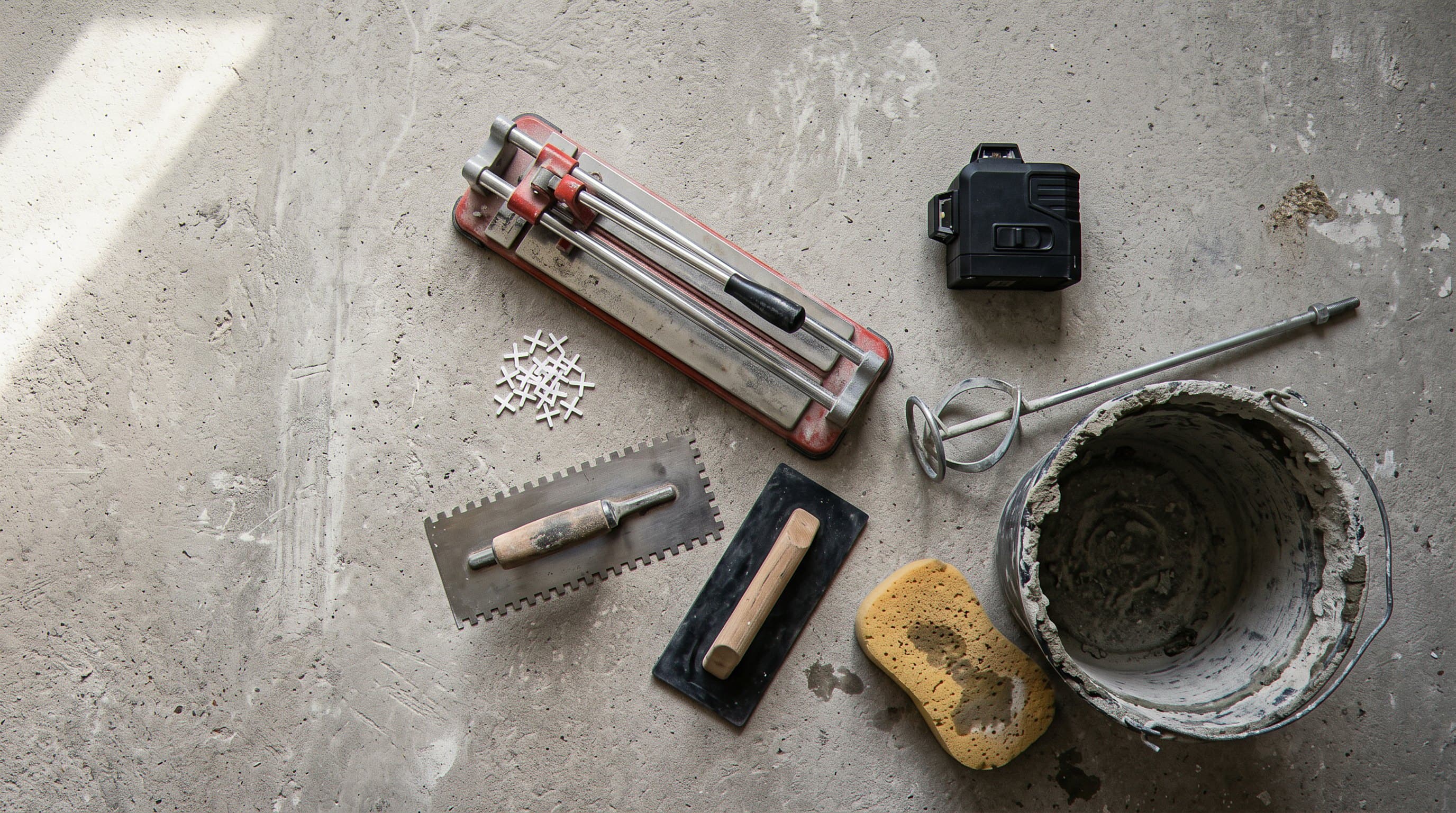 Tile cutter, trowel, and grout tools laid out