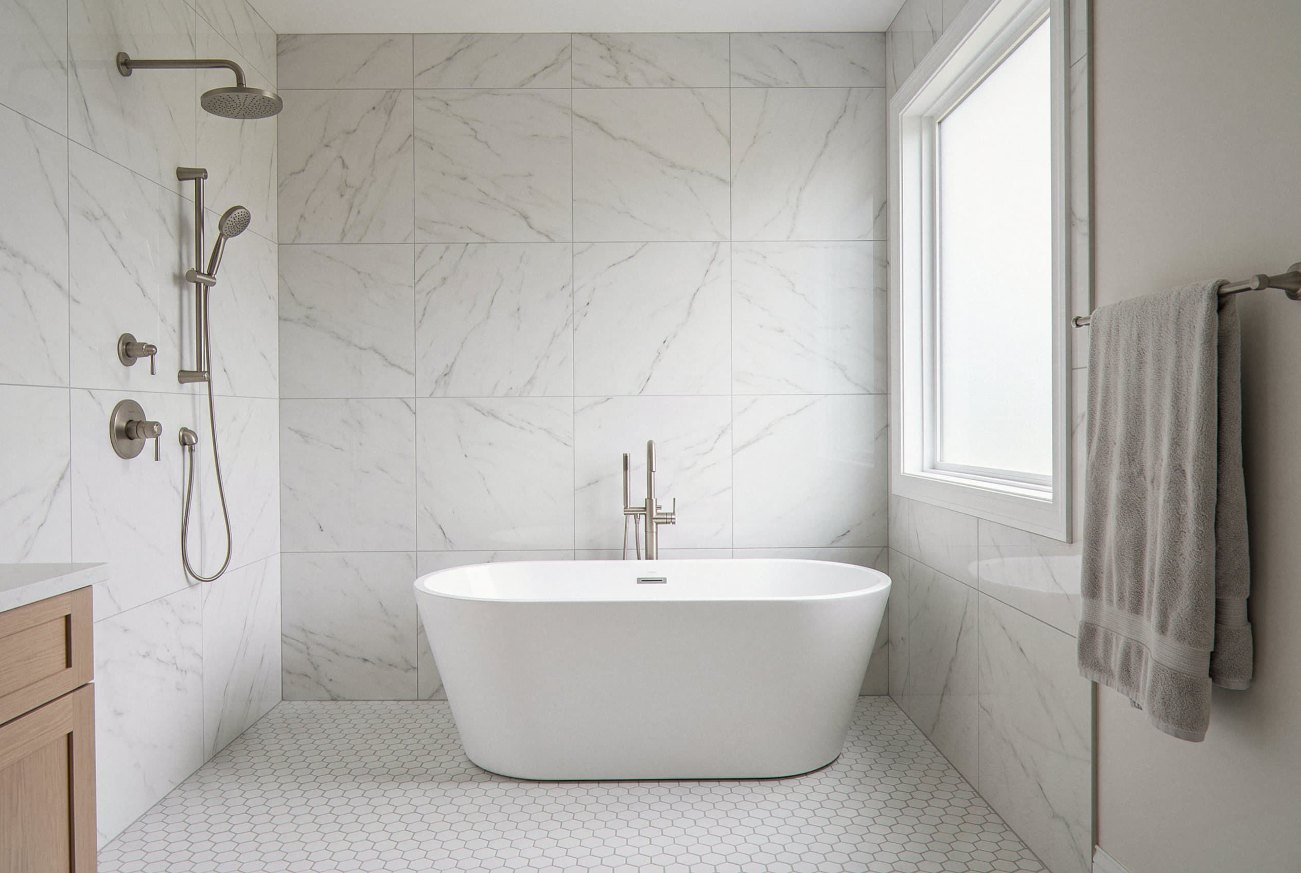 Curbless bathroom entry with a sloped tile floor