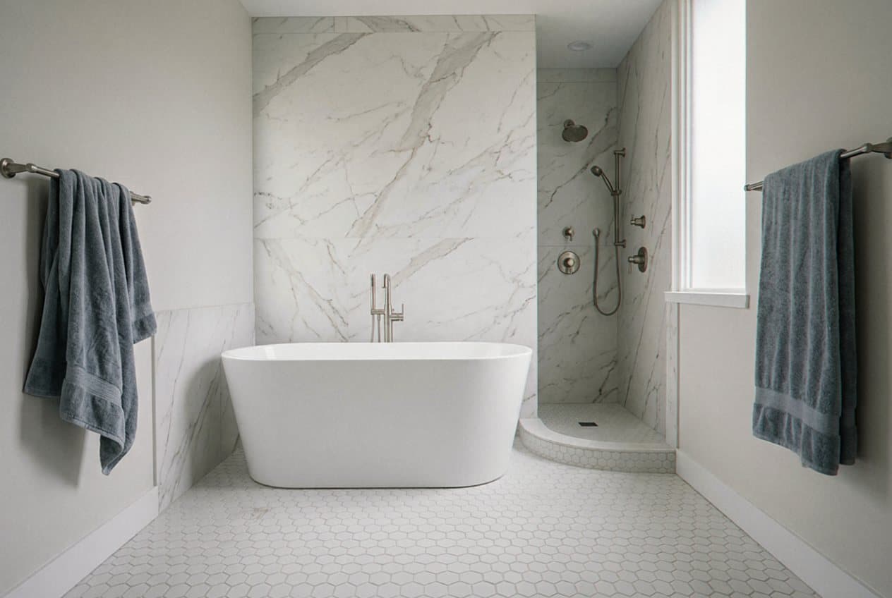 Modern marble bathroom with freestanding tub and shower