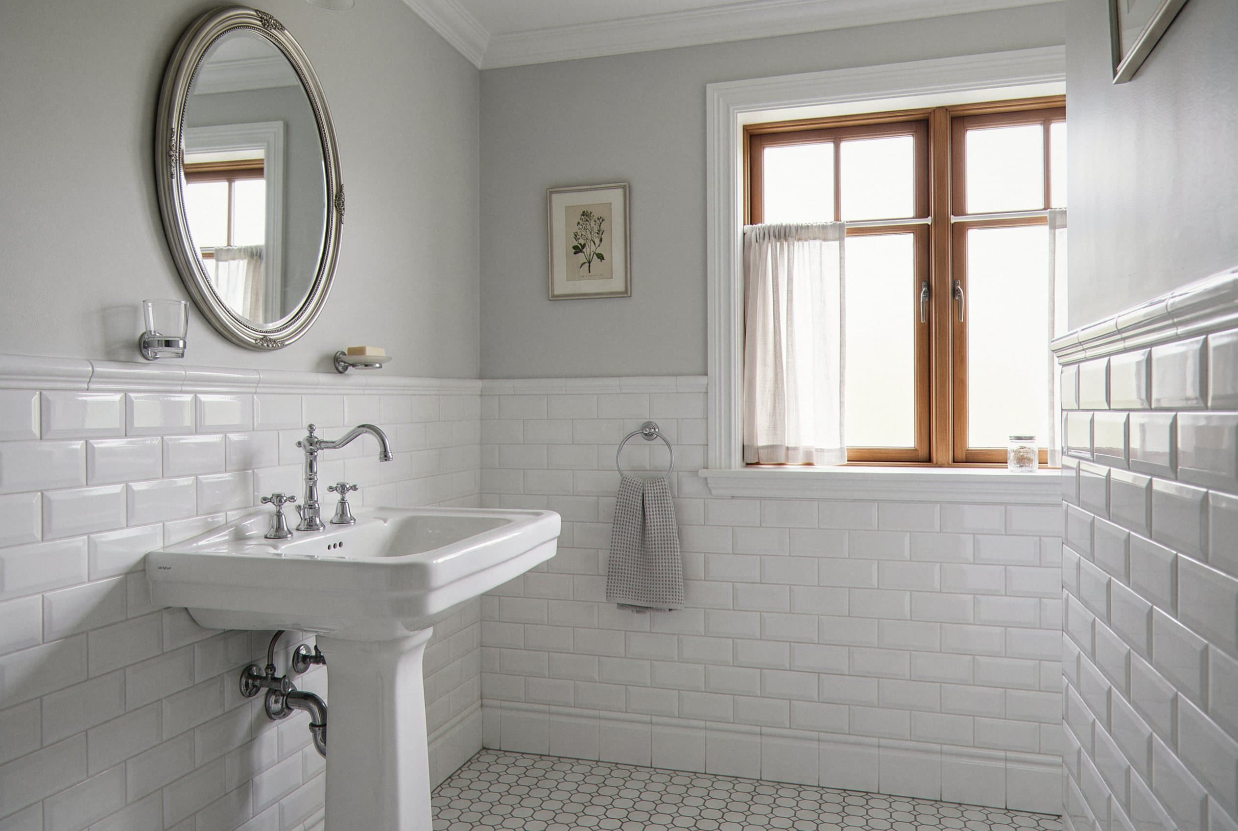 Bathroom wall tiled to wainscot height above trim