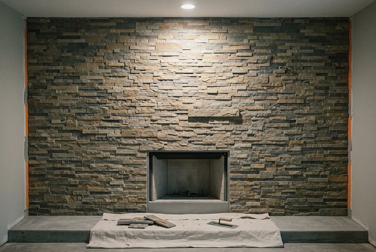 Stacked stone tile fireplace wall mid-installation