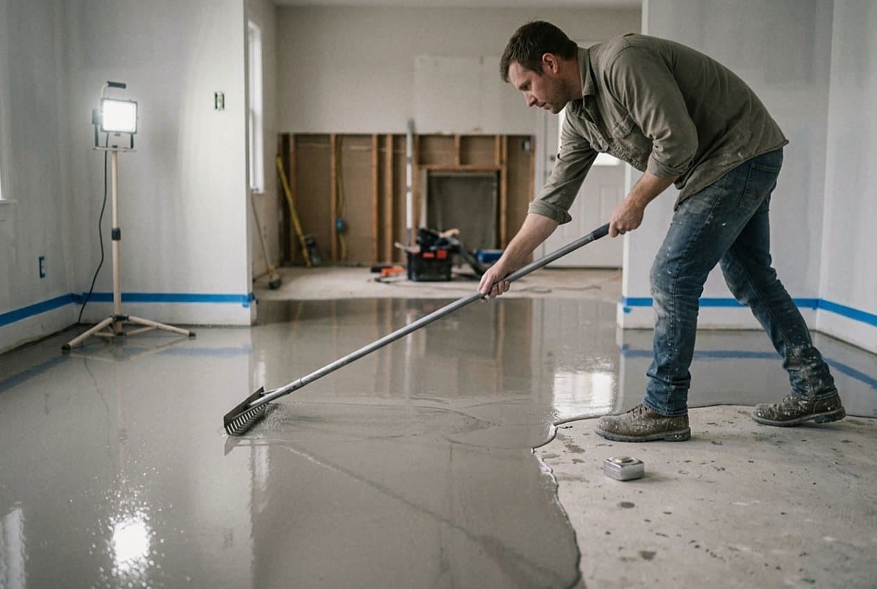 Worker spreading self-leveling compound across a bare subfloor