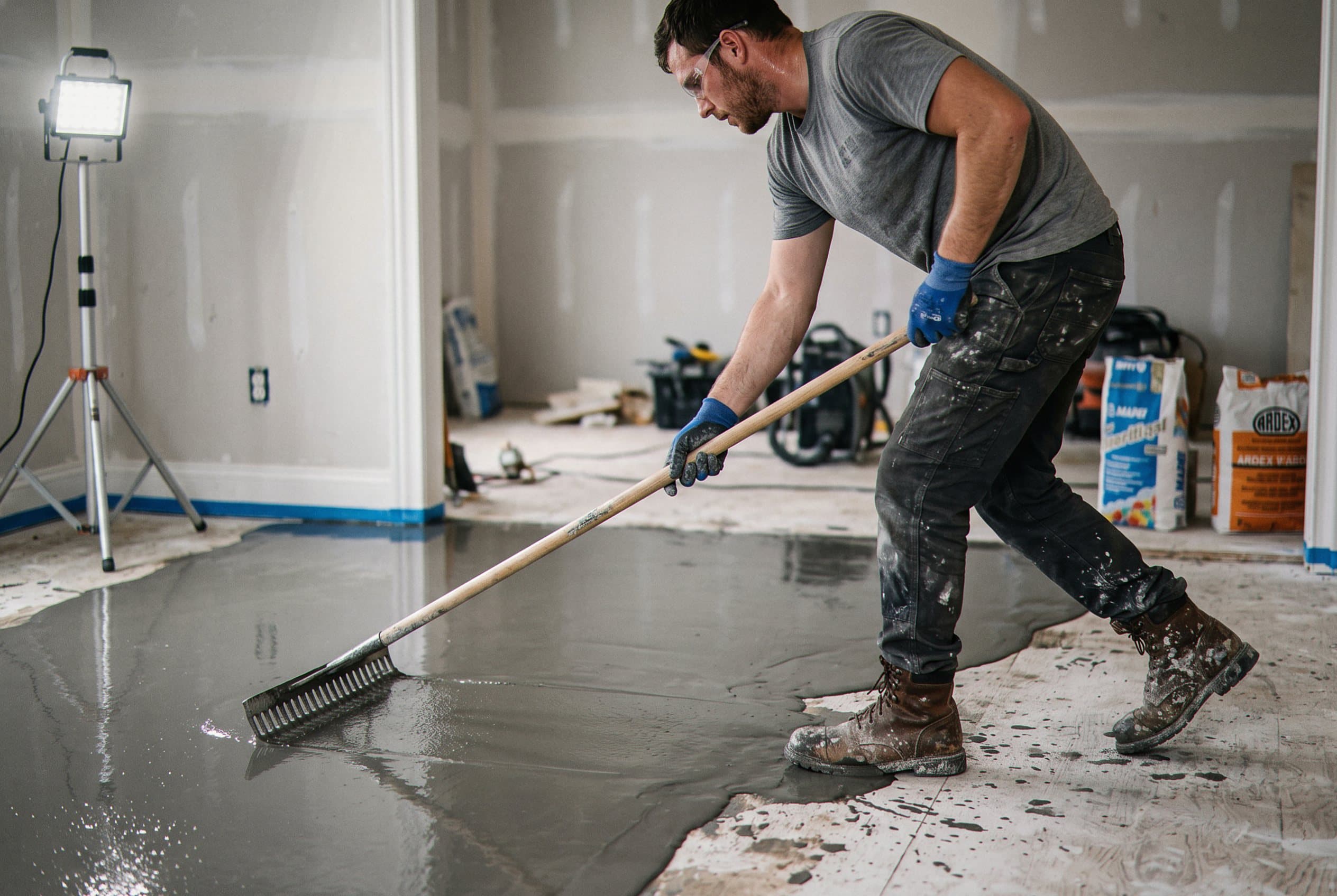 Self-leveling compound poured across a subfloor