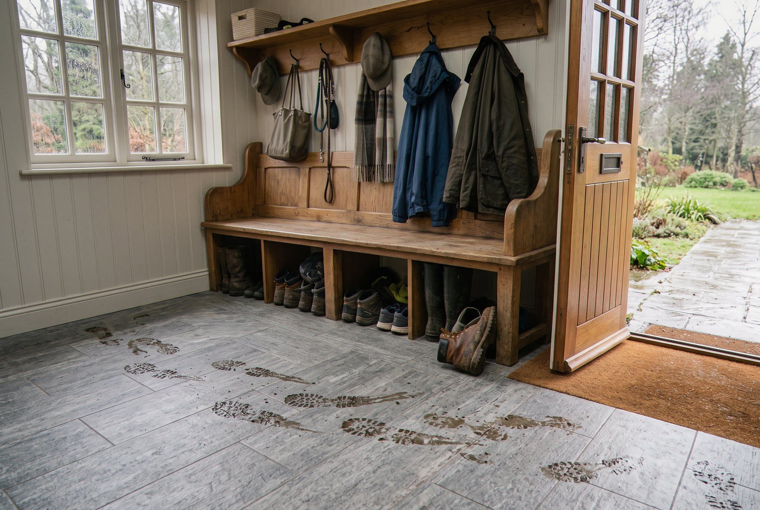 Muddy boot prints across a gray mudroom tile floor