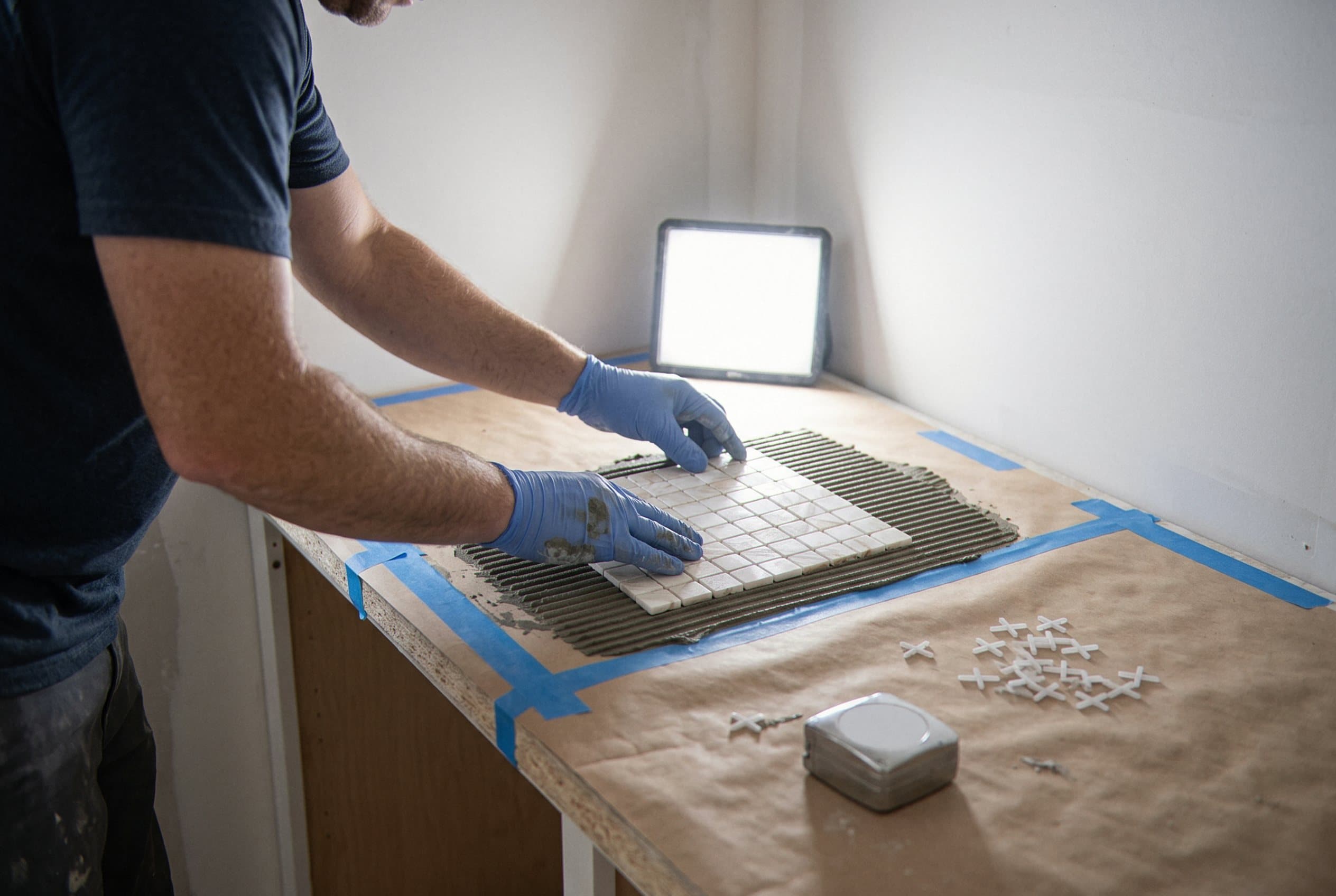 Mid-installation kitchen backsplash with thinset visible