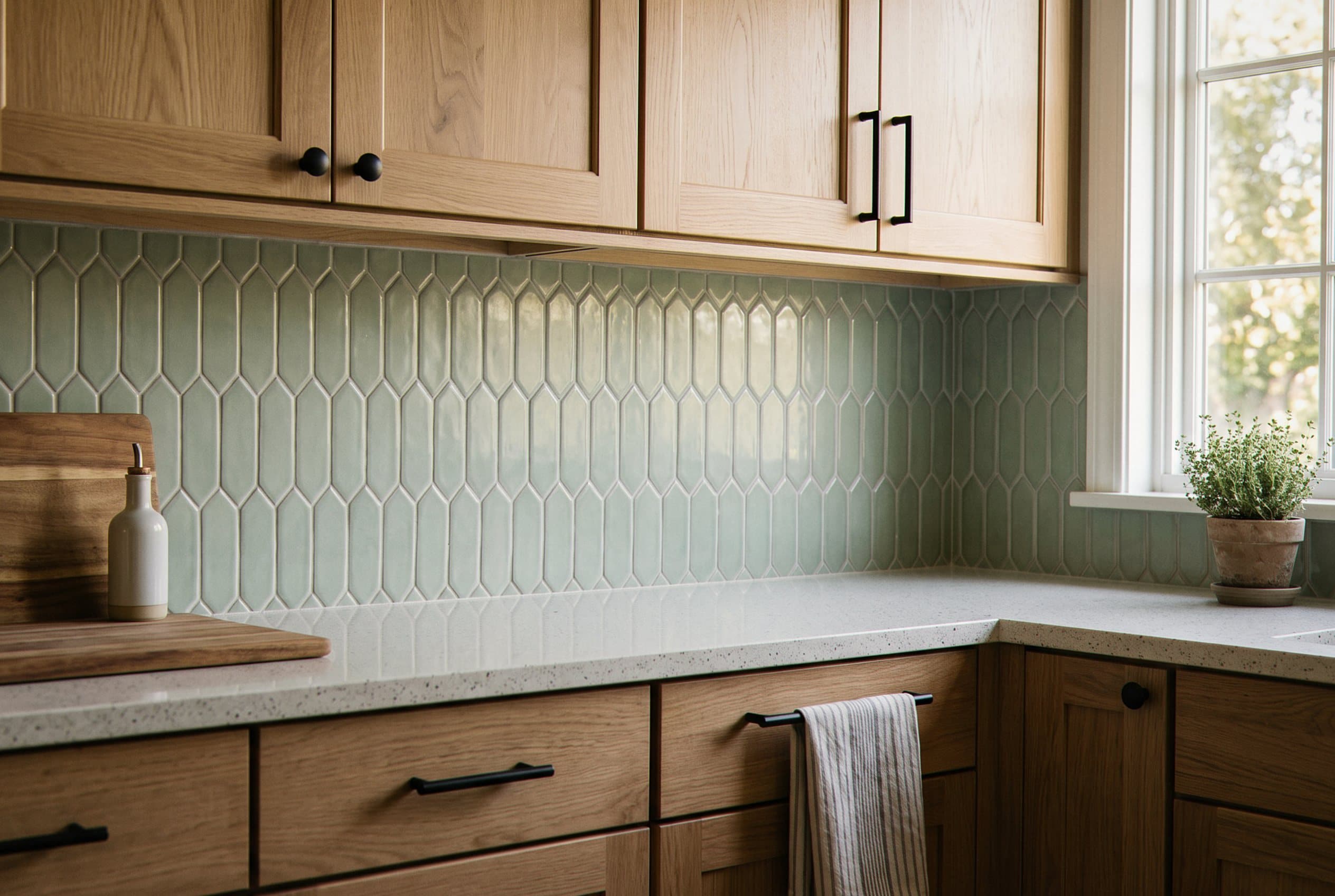 Sage green picket tile backsplash in a kitchen