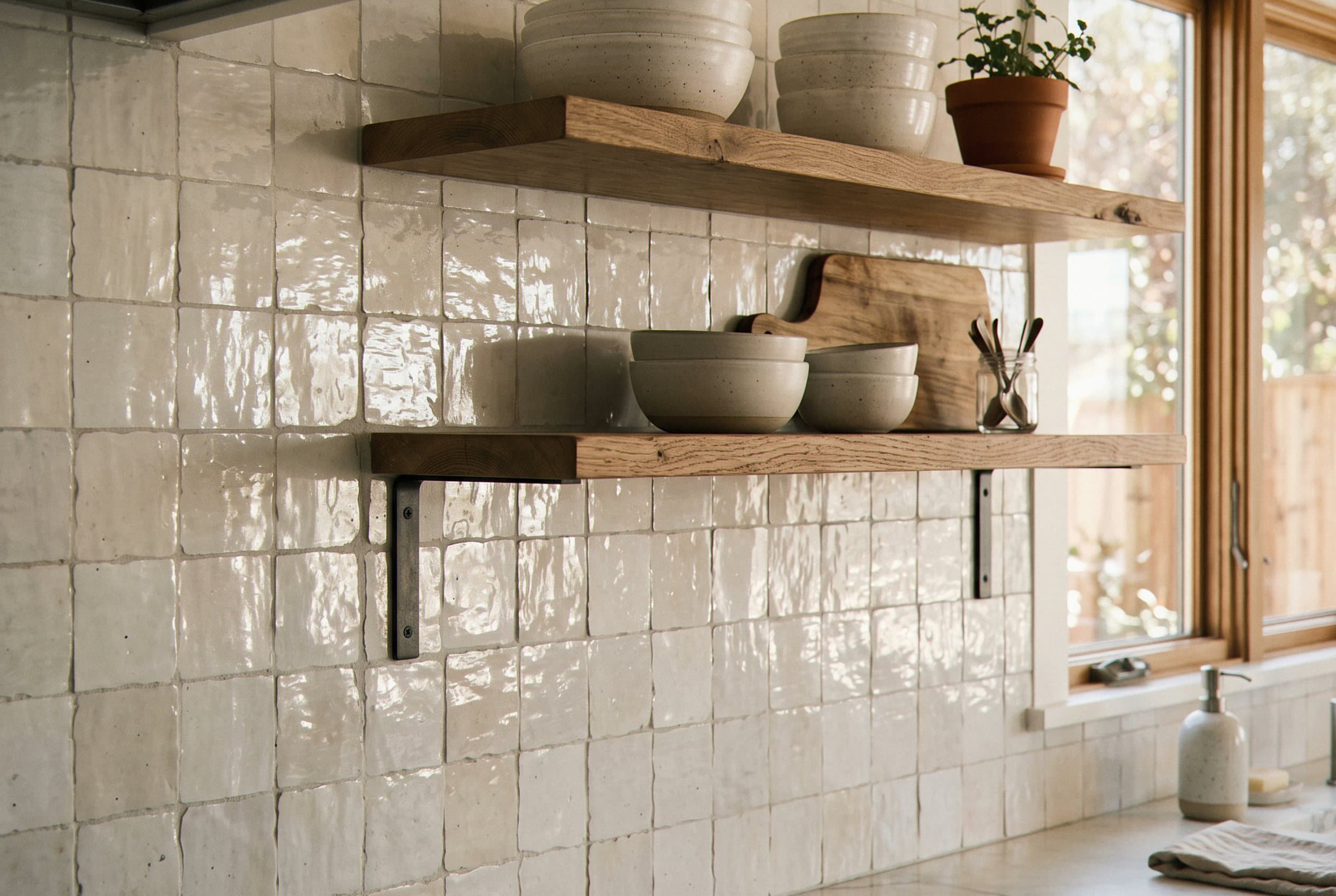 Handmade white zellige tile wall with open shelving