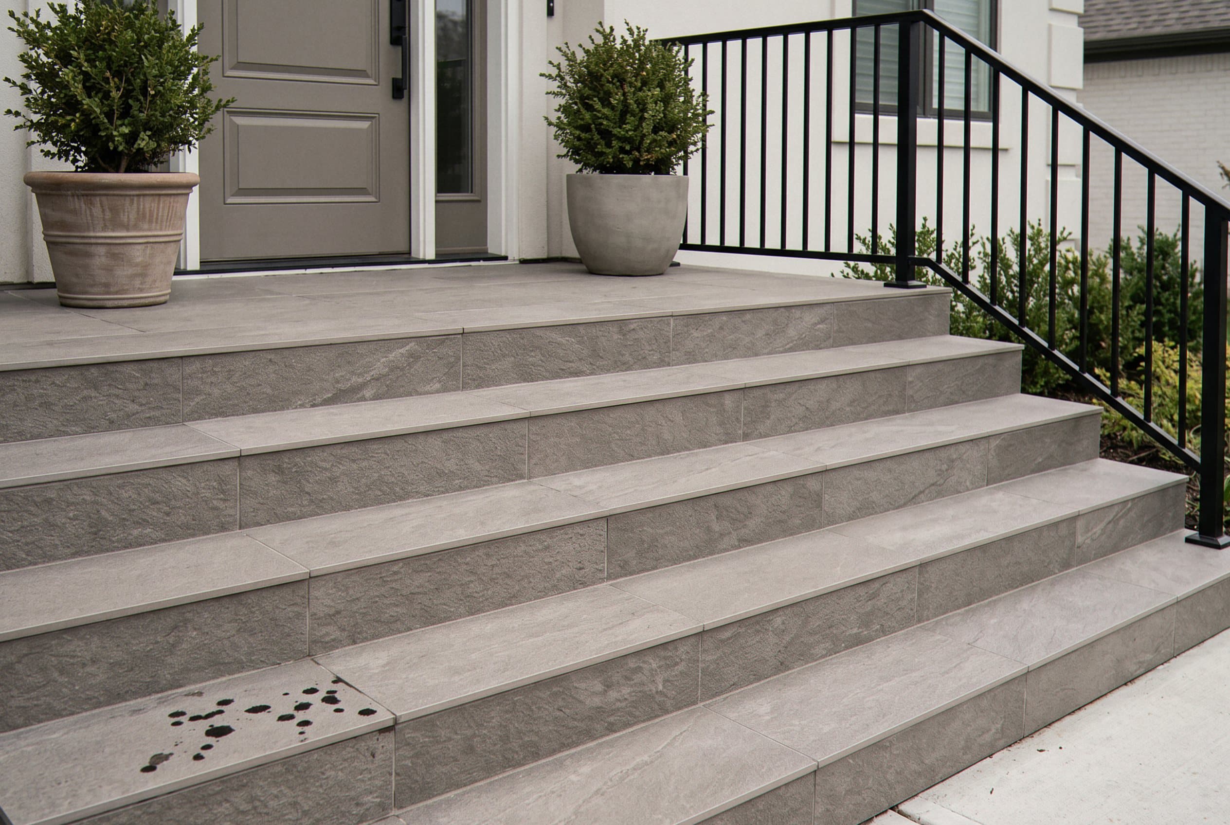 Gray tile front steps leading to the entry door