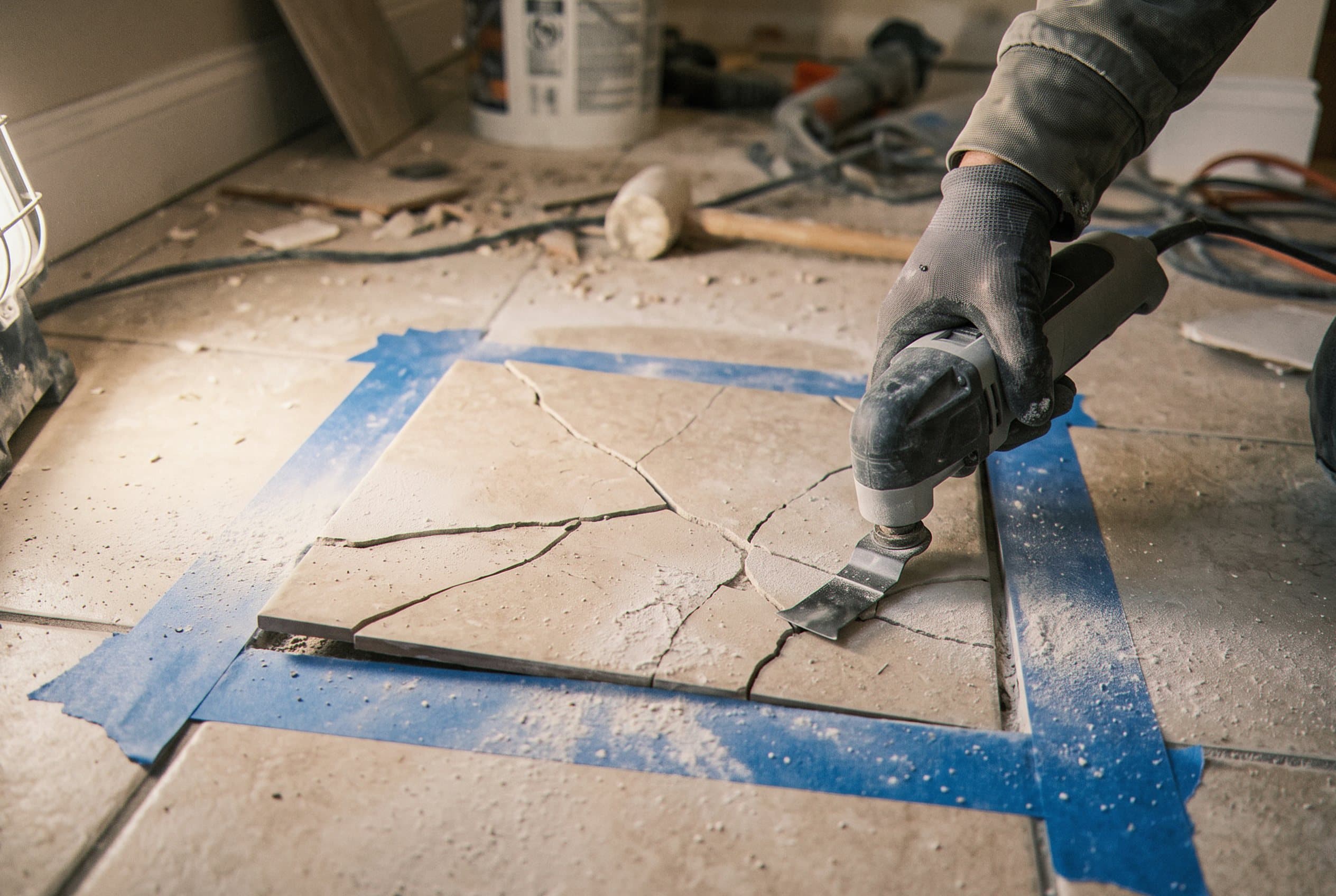 Close-up of a single cracked floor tile