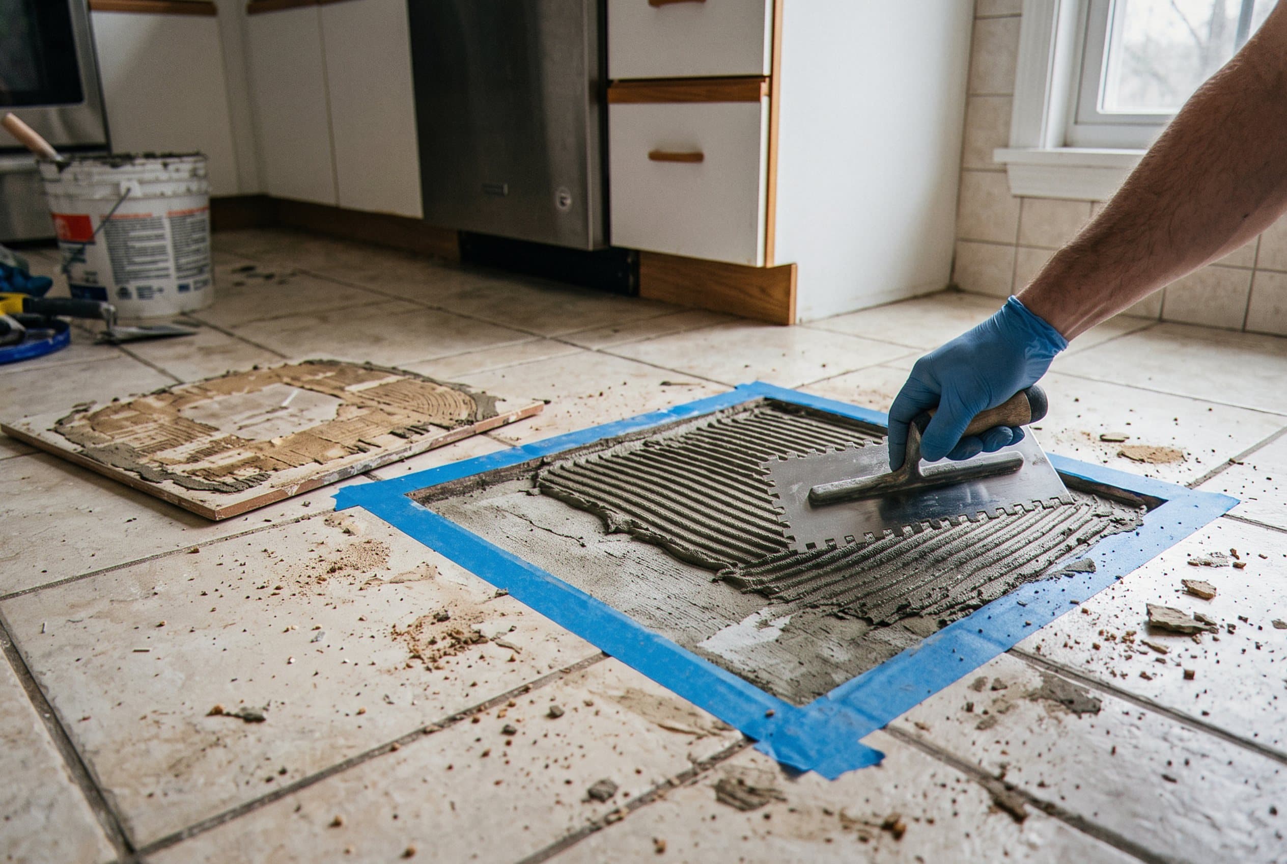 Trowel spreading thinset for a floor tile patch