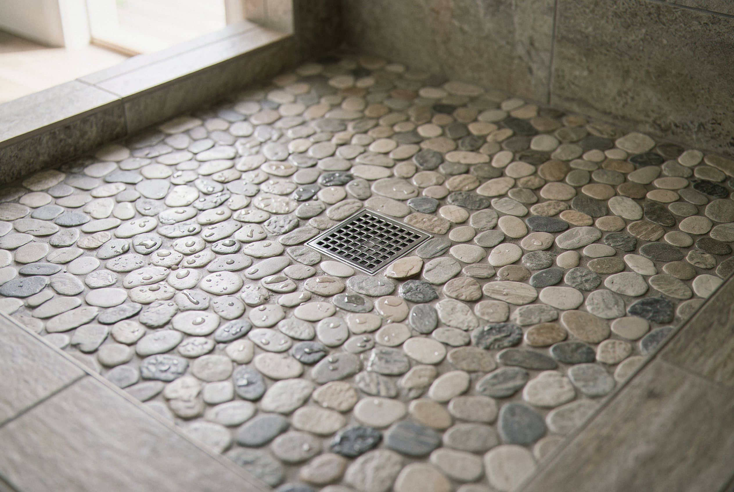 River rock mosaic shower floor with a square drain