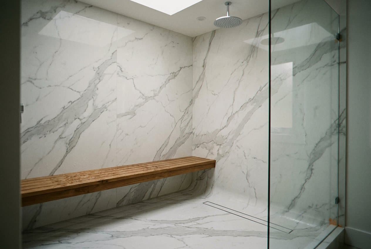 Walk-in marble shower with a teak wood bench