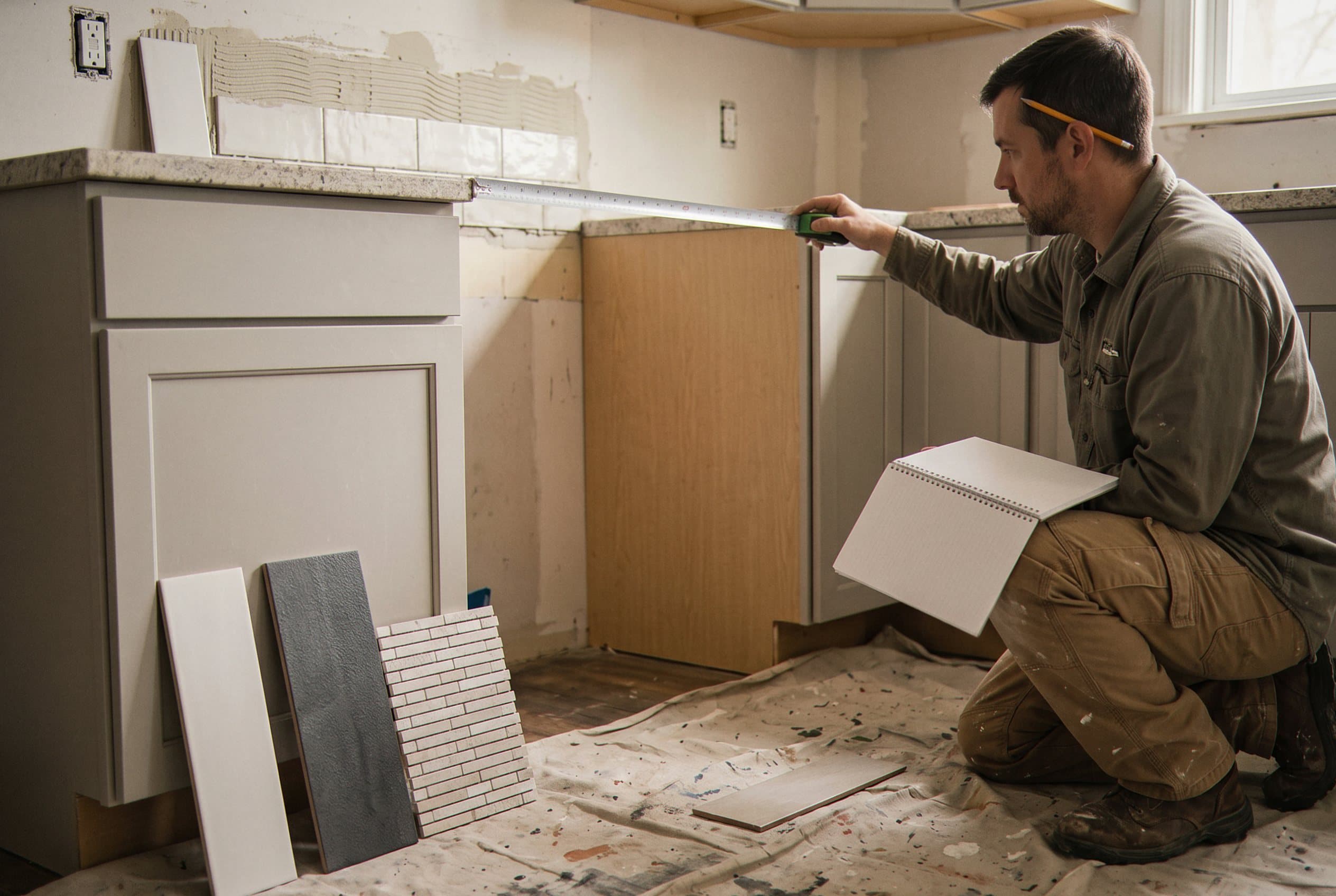 Crew member measuring a bathroom before work