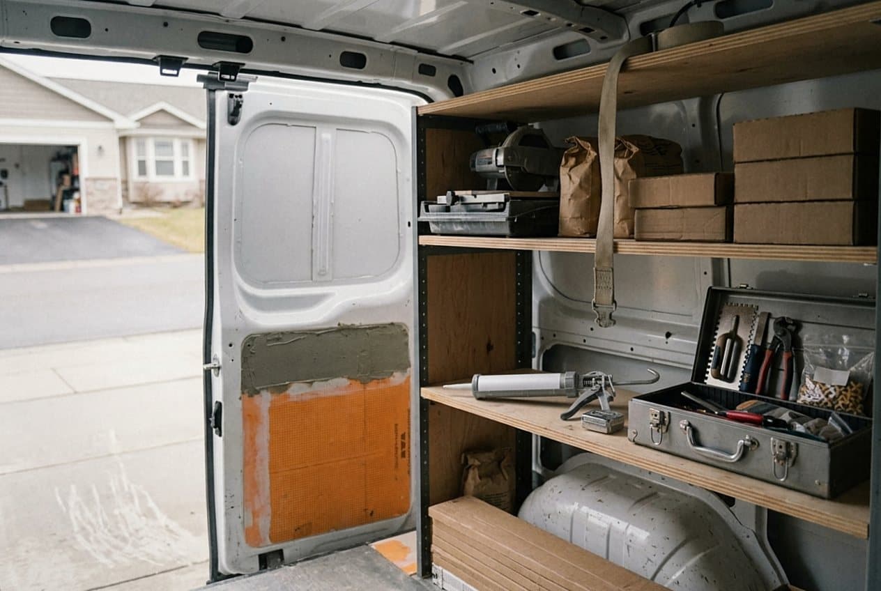 Work van shelves stocked with tile tools and supplies