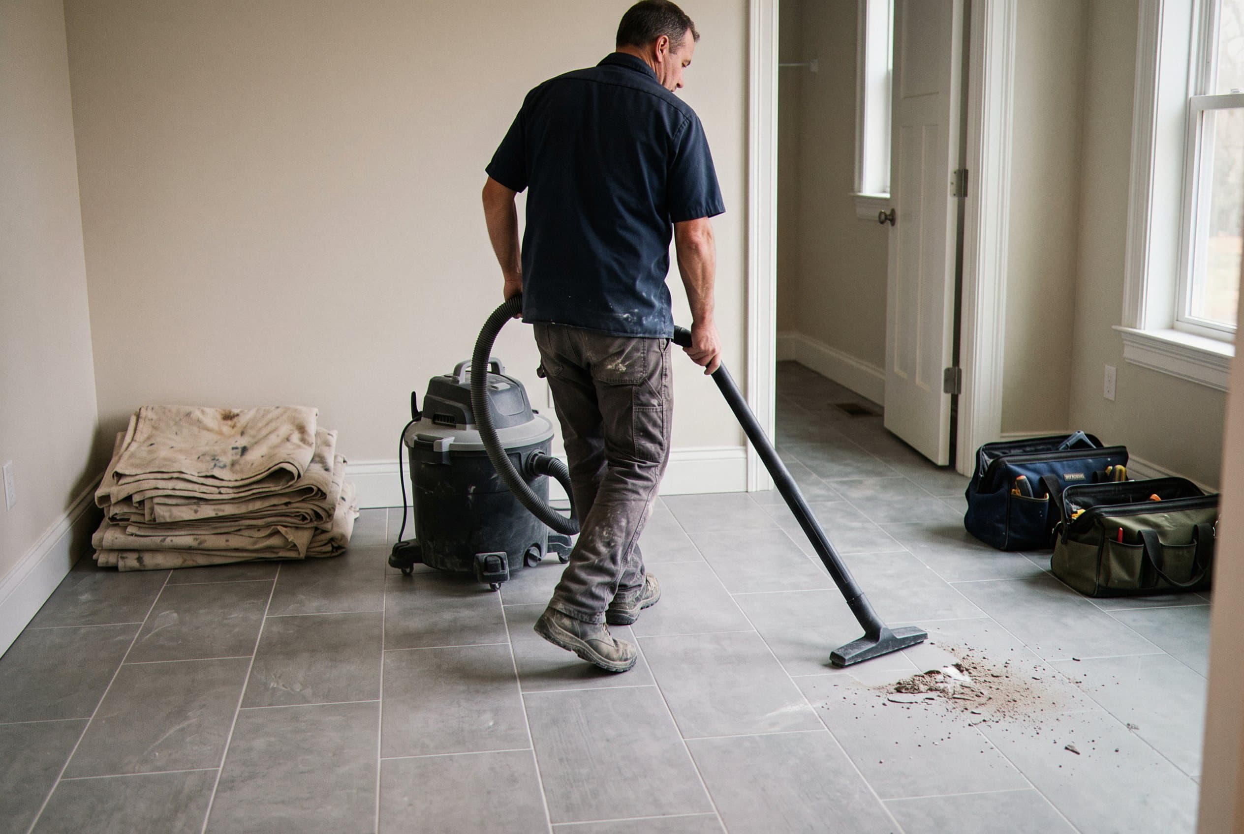 Crew walking through a bathroom remodel plan